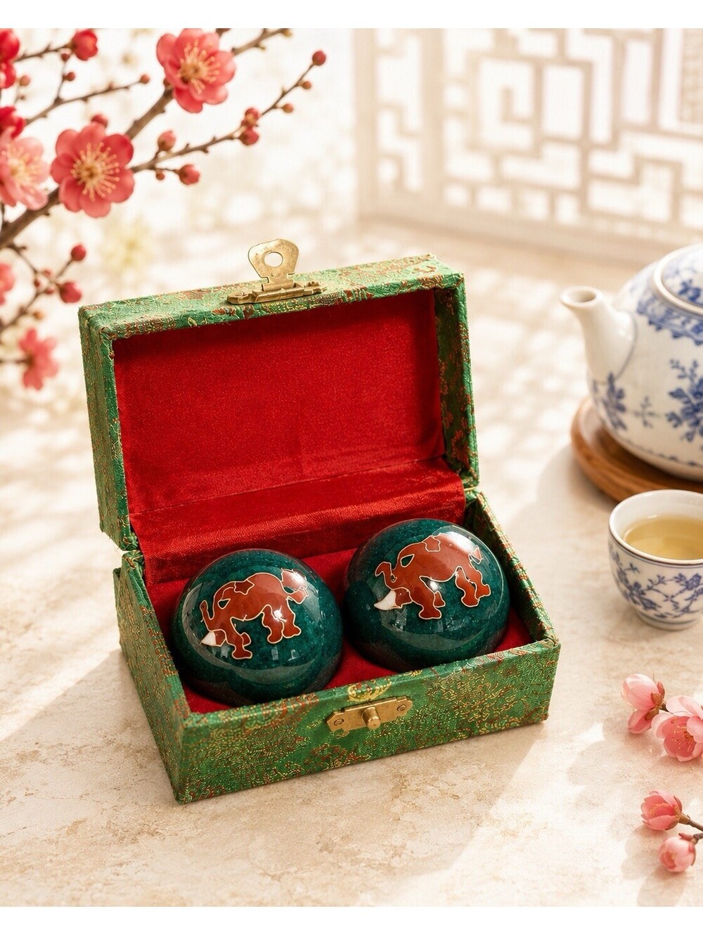 Chinese Vintage 1980s Cloisonne Green Red Elephant Baoding Balls in Box, 1.75”